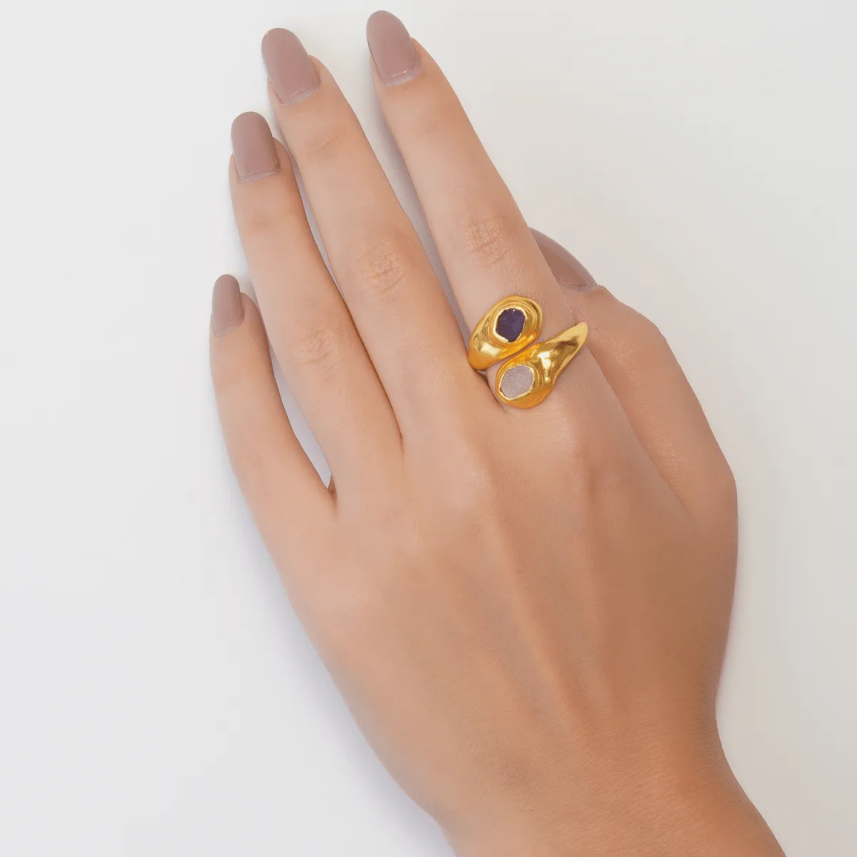 Molten Two Statement Ring with Rose Quartz and Amethyst