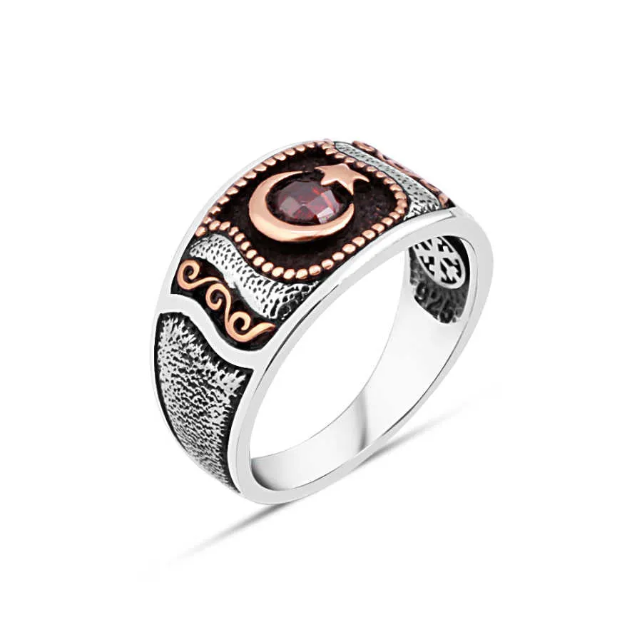 Moon and Star Around Small Red Zircon on Wedding Band Silver Men's Ring with Pointed Texture