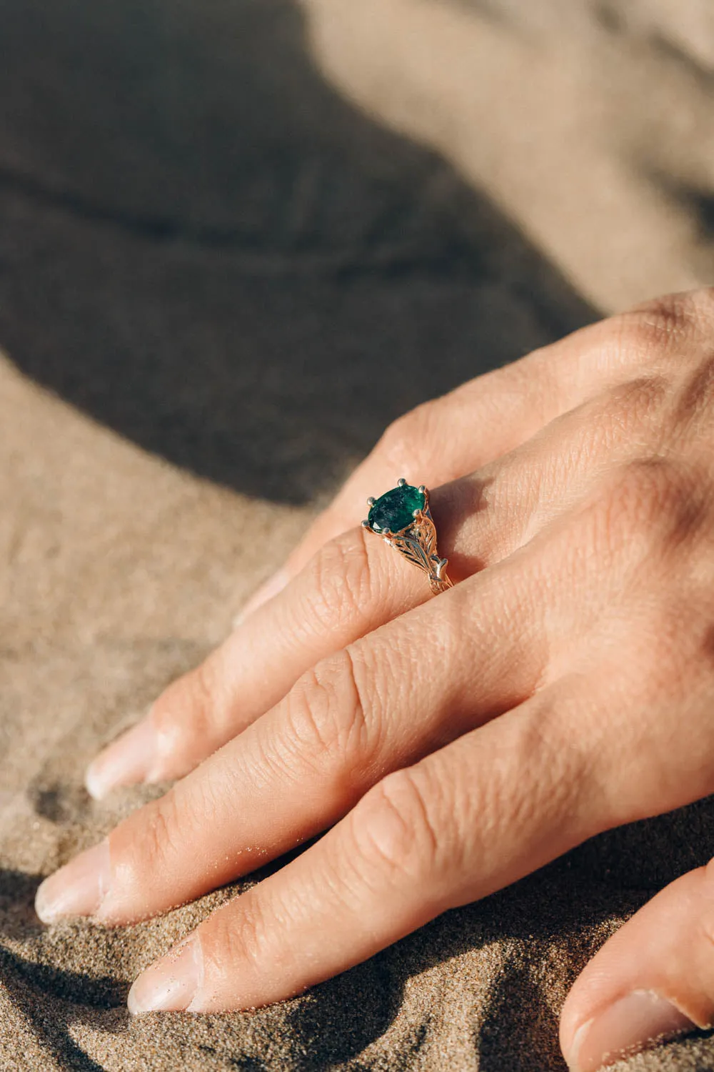 Natural emerald engagement ring, gold nature inspired engagement ring / Freesia