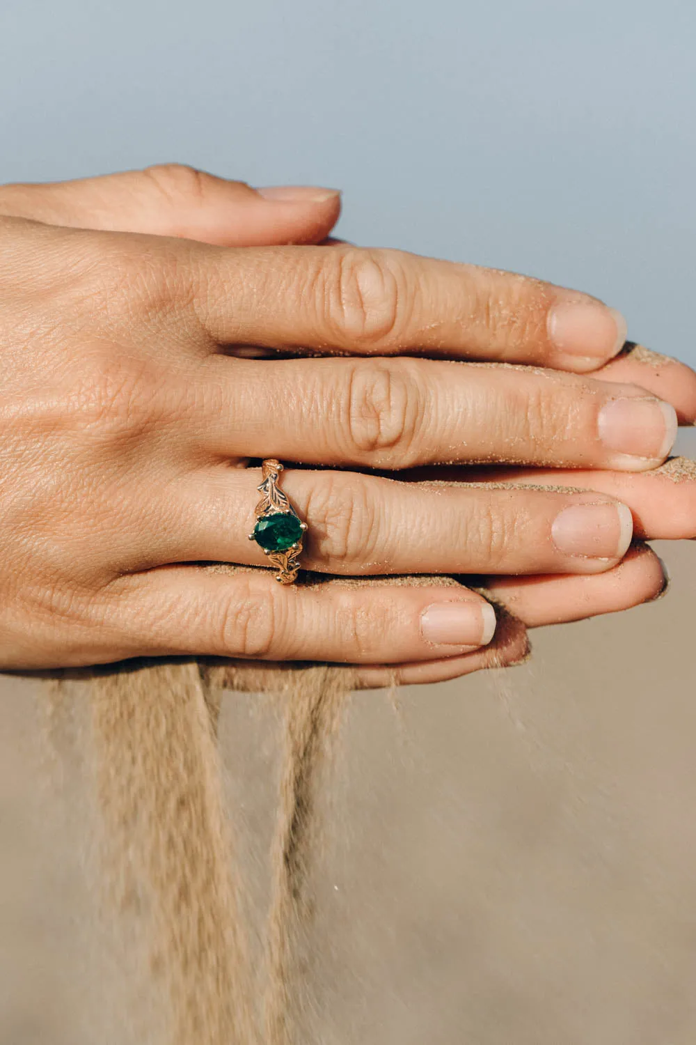 Natural emerald engagement ring, gold nature inspired engagement ring / Freesia