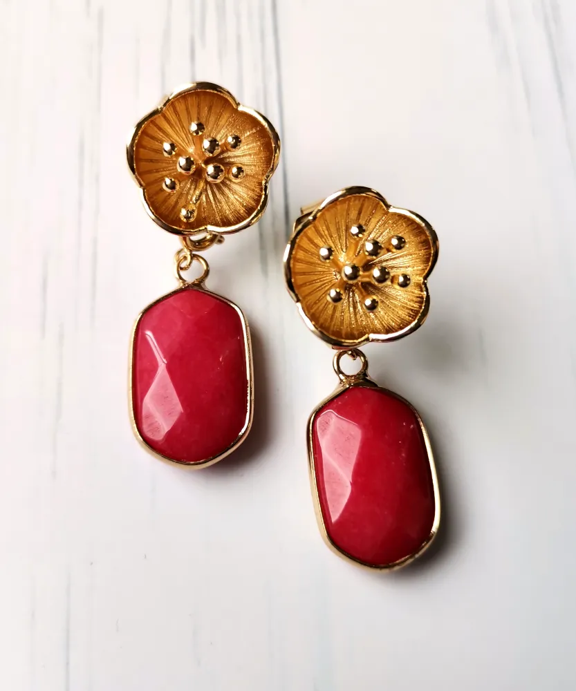 Pistil with Red Jade Stud Earrings