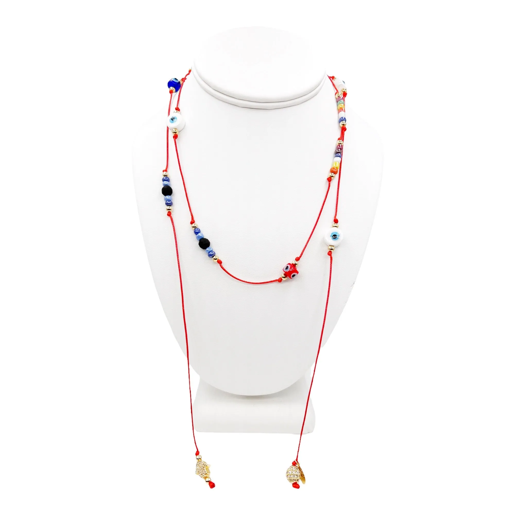 Protection Evil Eye Lariat Necklace, Wrapped Bracelet, Hamsa Hand Red String Necklace