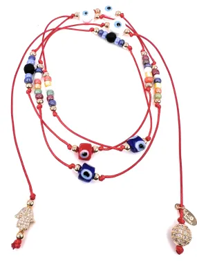 Protection Evil Eye Lariat Necklace, Wrapped Bracelet, Hamsa Hand Red String Necklace