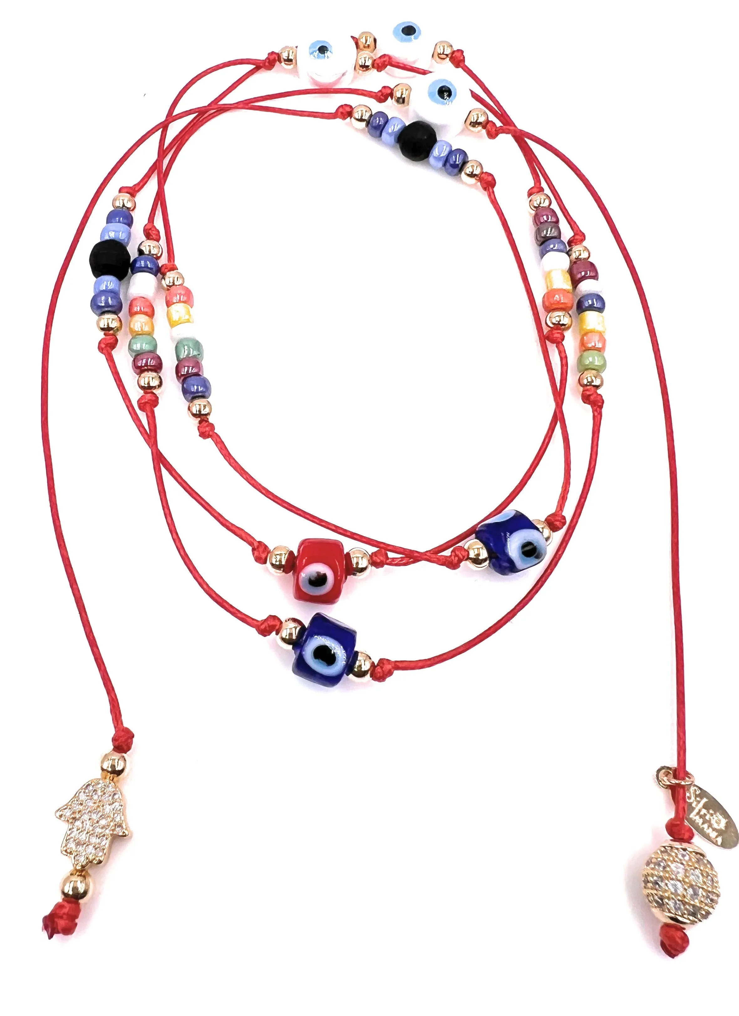Protection Evil Eye Lariat Necklace, Wrapped Bracelet, Hamsa Hand Red String Necklace