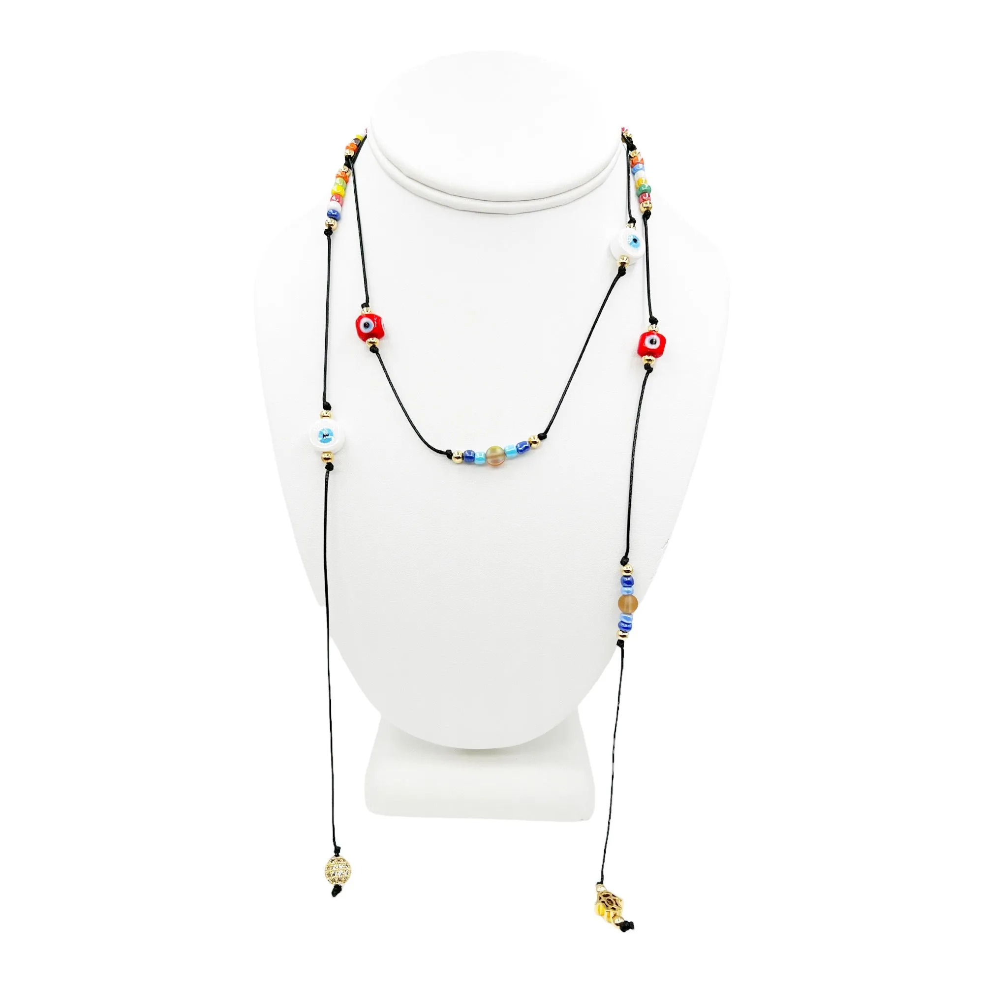 Protection Evil Eye Lariat Necklace, Wrapped Bracelet, Hamsa Hand Red String Necklace