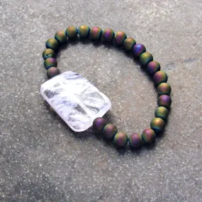 Rainbow Druzy Agate and Purple Cherry Quartz Gemstone Bracelet