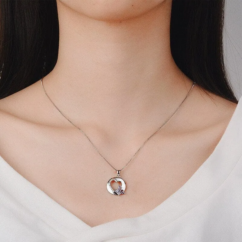 Romantic Amethyst with Bow Heart Pendant Necklace - 925 Sterling Silver