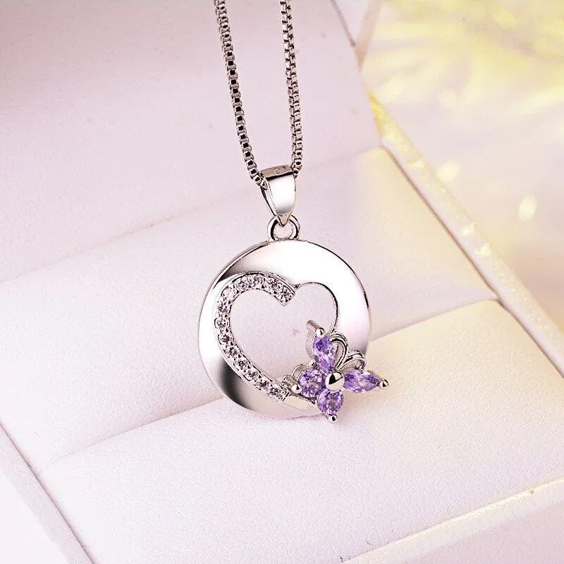 Romantic Amethyst with Bow Heart Pendant Necklace - 925 Sterling Silver