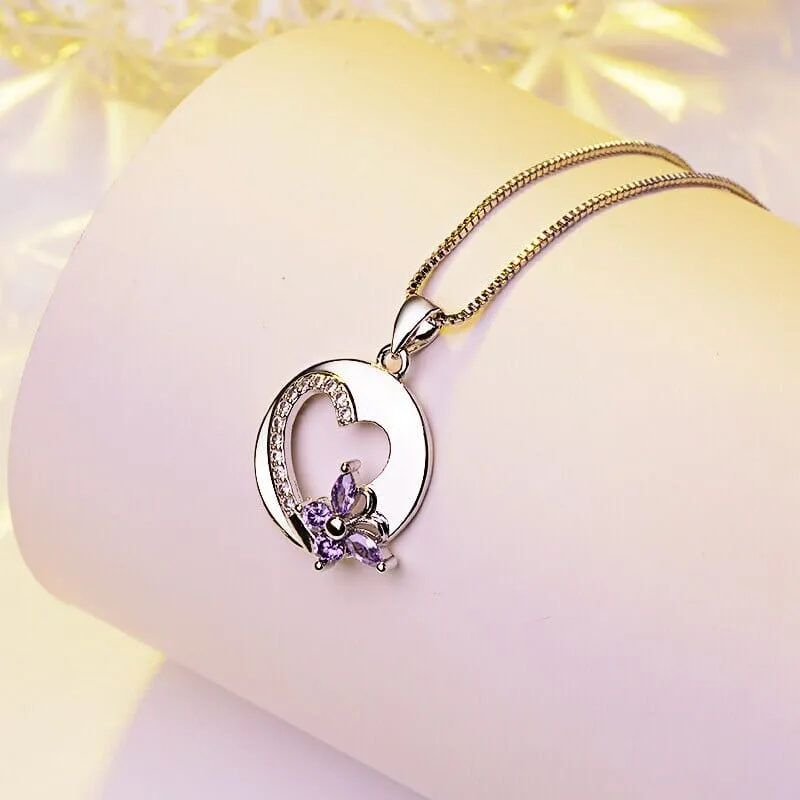 Romantic Amethyst with Bow Heart Pendant Necklace - 925 Sterling Silver
