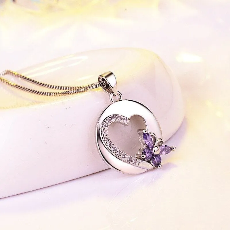 Romantic Amethyst with Bow Heart Pendant Necklace - 925 Sterling Silver