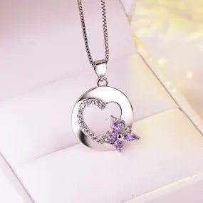 Romantic Amethyst with Bow Heart Pendant Necklace - 925 Sterling Silver