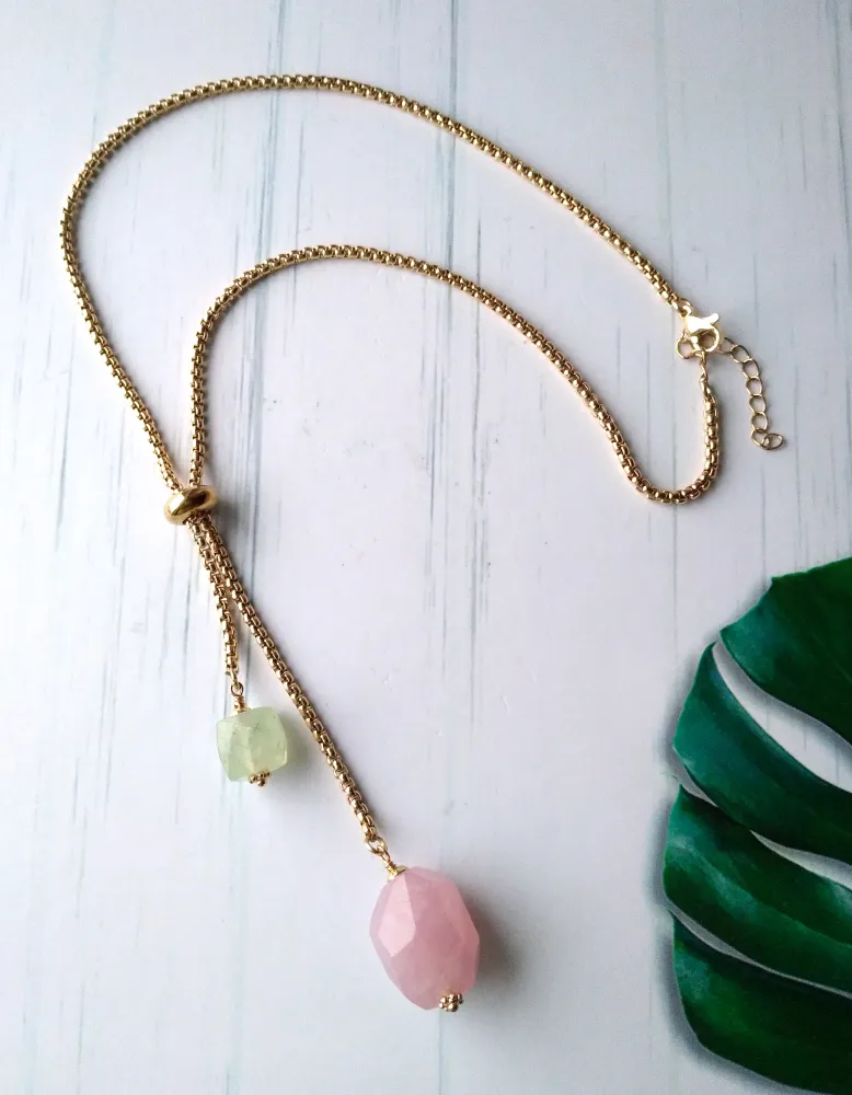 Rose Quartz & Prehnite Nugget Slider Necklace