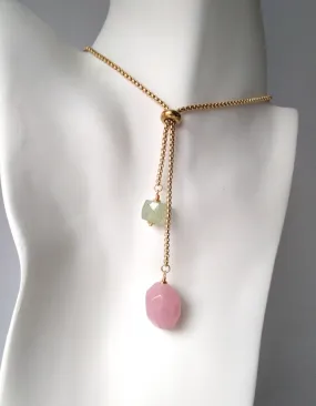 Rose Quartz & Prehnite Nugget Slider Necklace