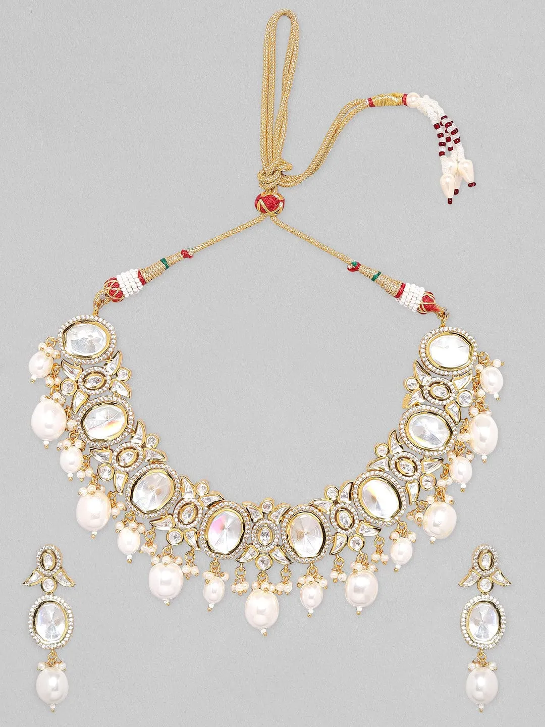 Rubans Gold Plated Polki Necklace Set with Pearl