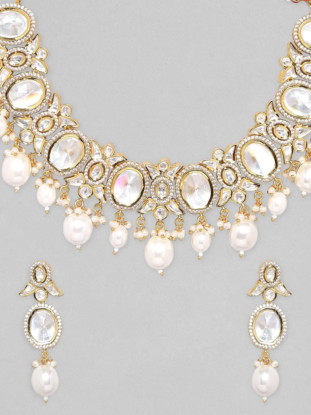 Rubans Gold Plated Polki Necklace Set with Pearl