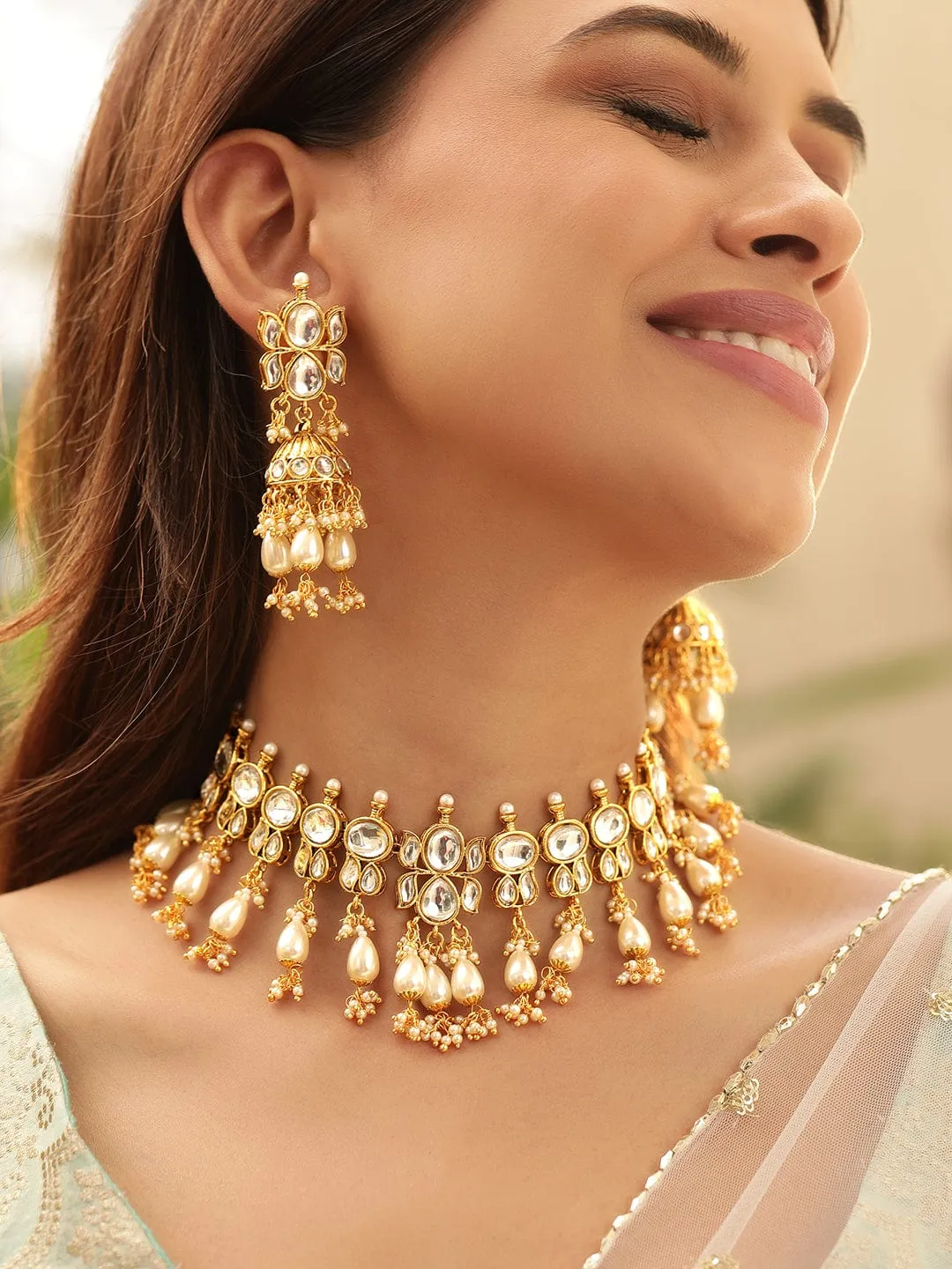 Rubans Opulent Opulence 22K Gold Plated Kundan pearl beaded Choker jewelry Set