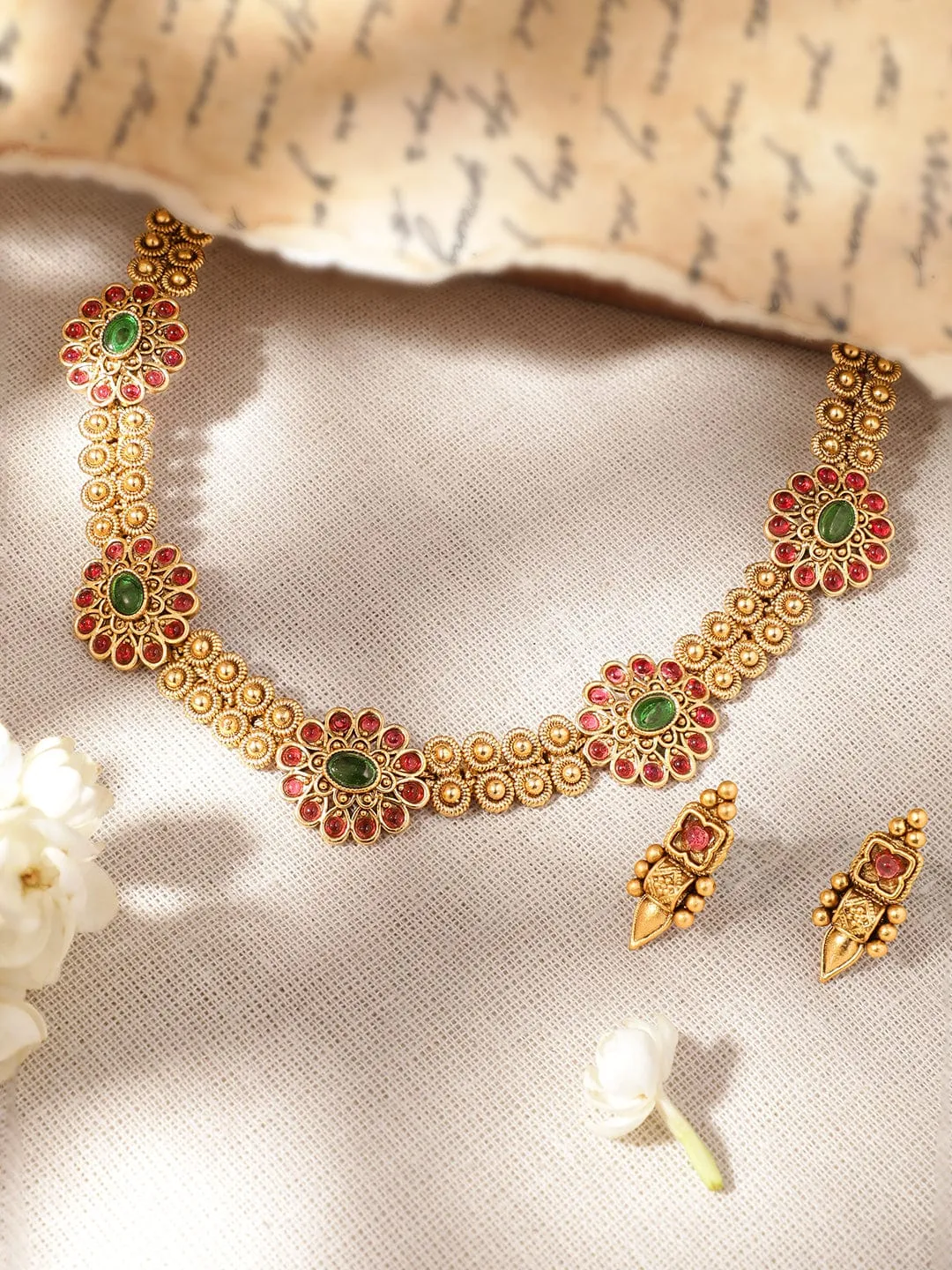 Rubans Royal Blooms 22K Gold-Plated Kemp Stone Floral Motif Choker Set