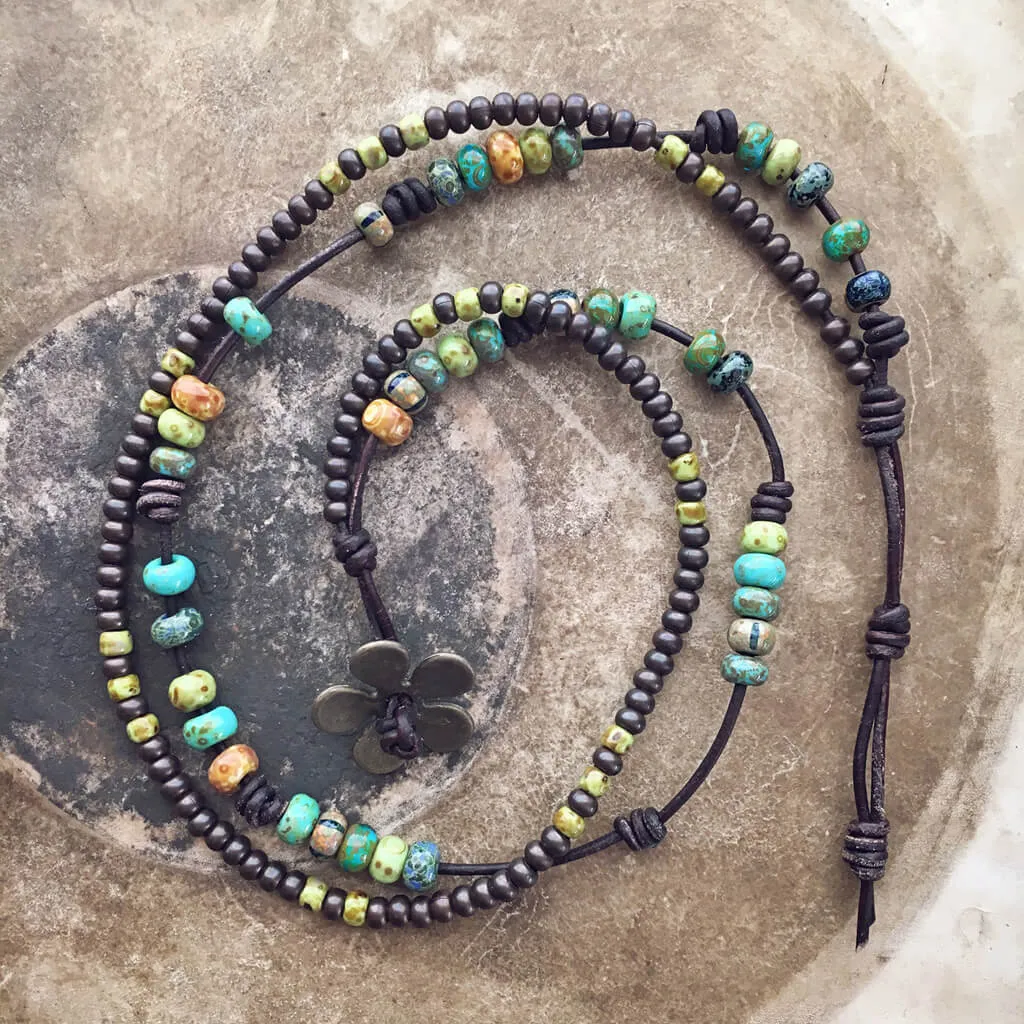 rustic daisy // boho beaded leather wrap bracelet or choker