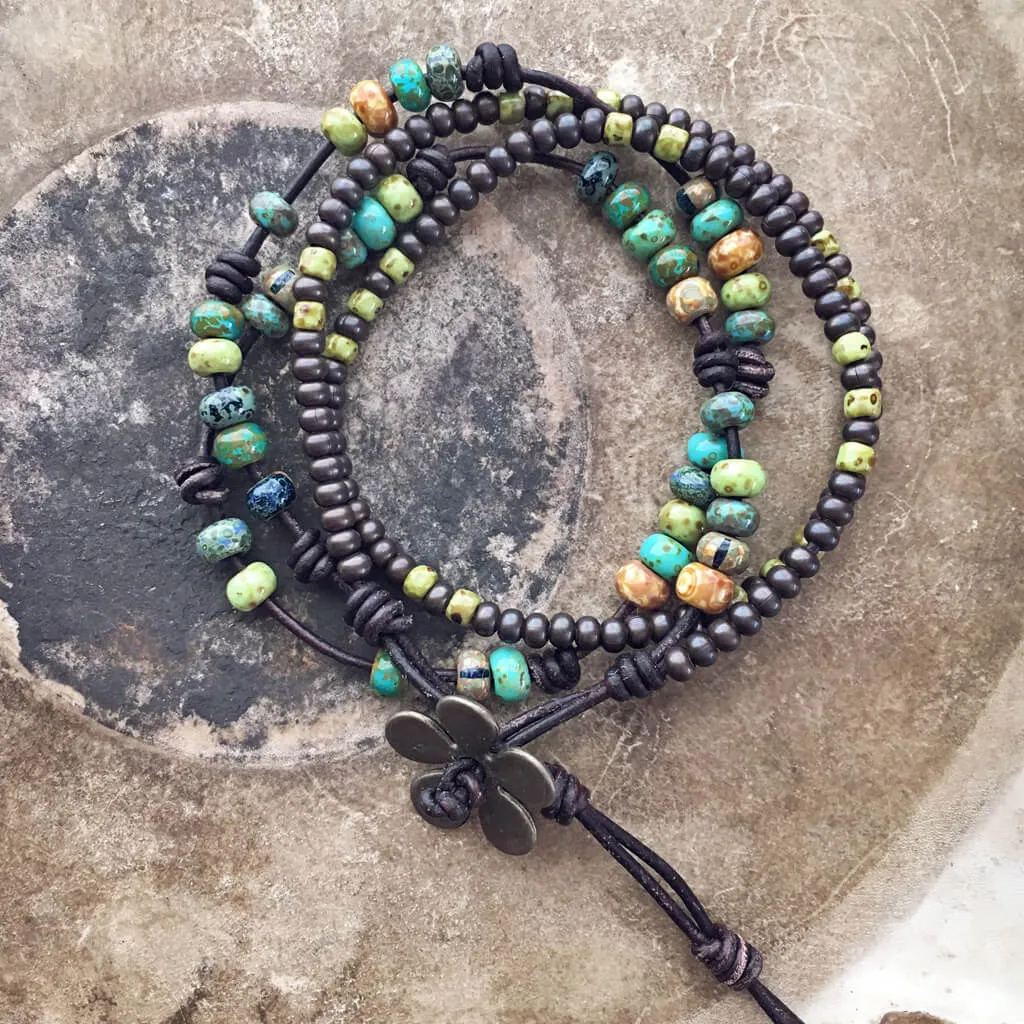 rustic daisy // boho beaded leather wrap bracelet or choker
