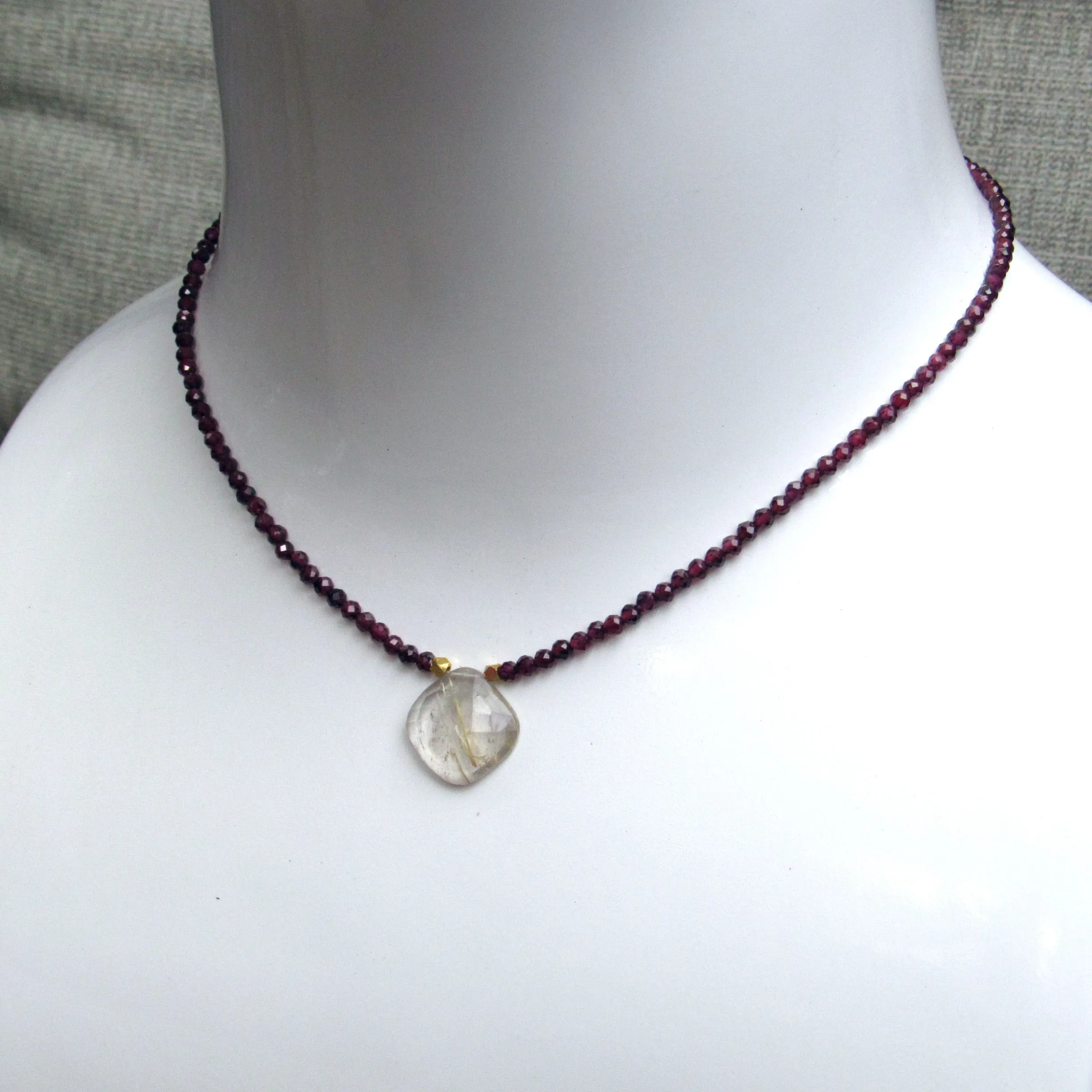Rutilated Gold Gemstone w/ 14 Kt, and Garnet Gemstone Necklace