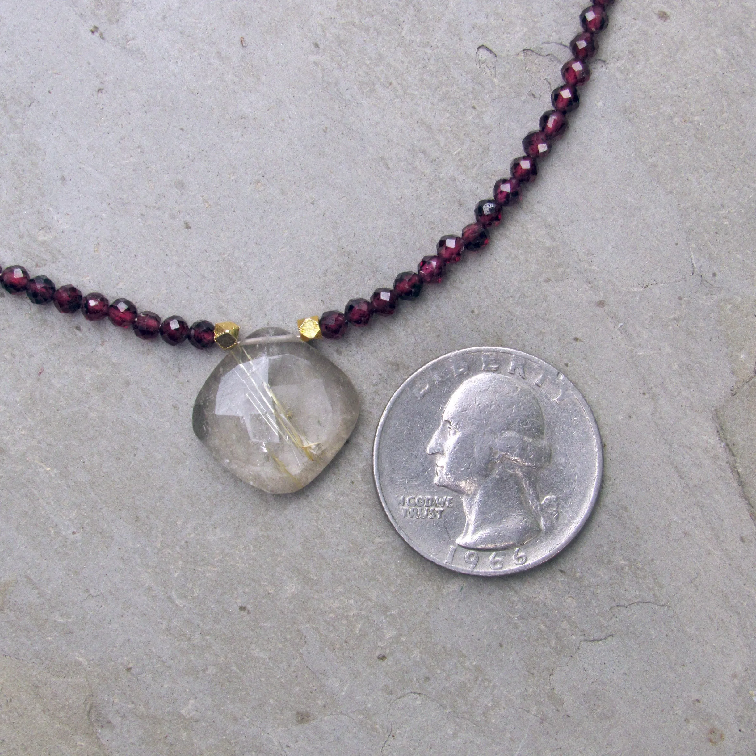 Rutilated Gold Gemstone w/ 14 Kt, and Garnet Gemstone Necklace