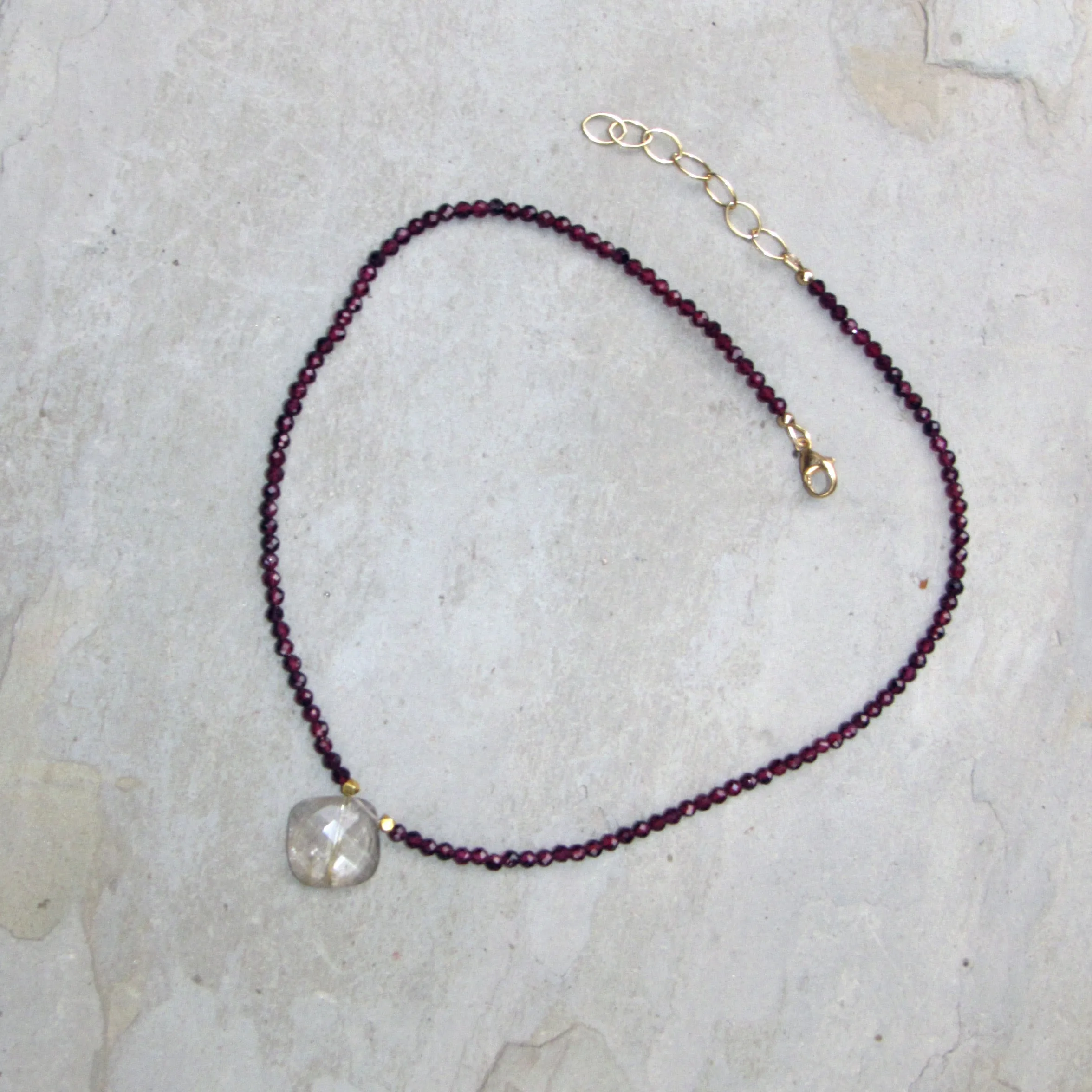 Rutilated Gold Gemstone w/ 14 Kt, and Garnet Gemstone Necklace