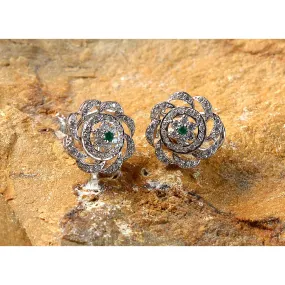 Saqafat Rosette Earrings with Green Centred Stone (925 Sterling Silver)
