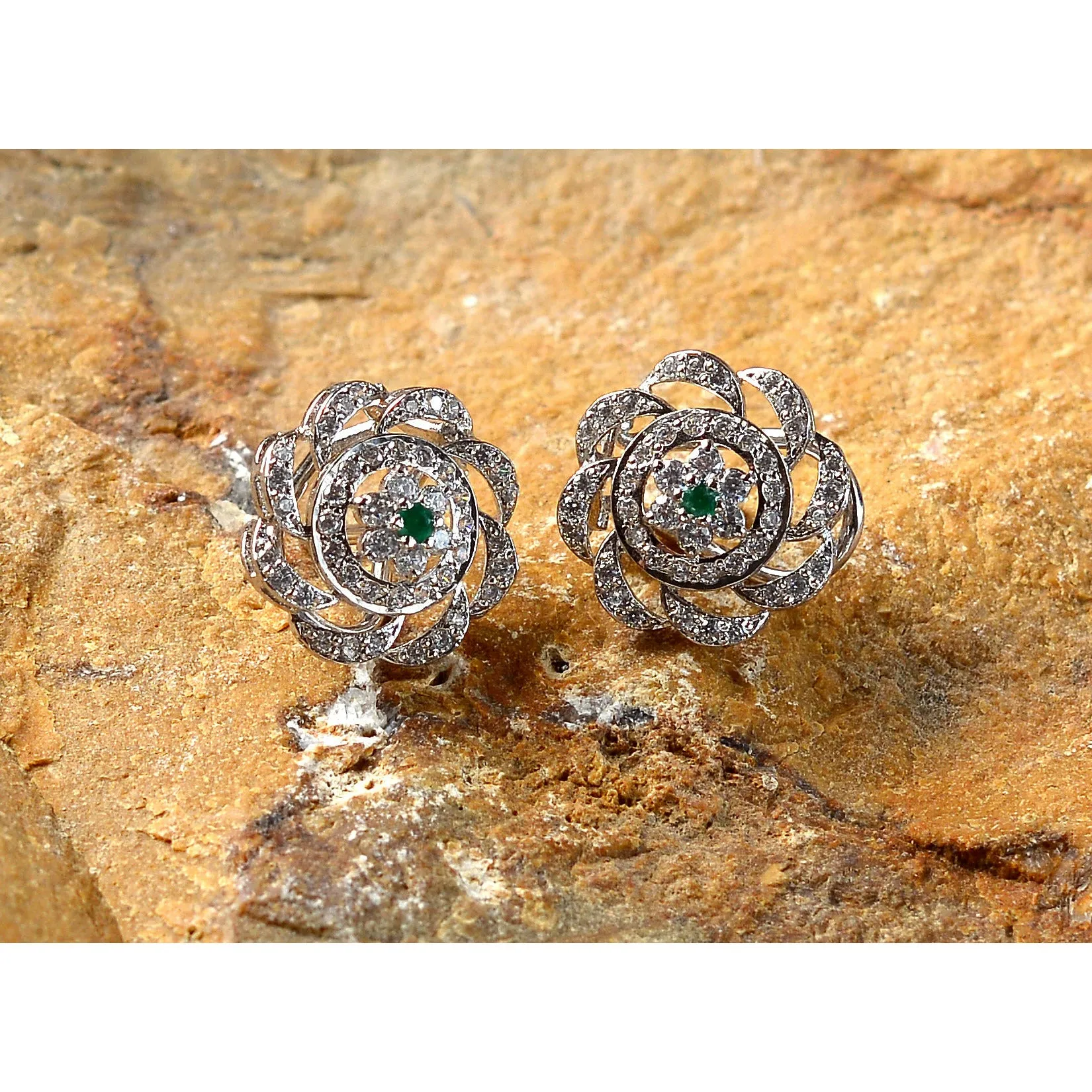Saqafat Rosette Earrings with Green Centred Stone (925 Sterling Silver)