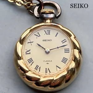 Seiko Pocket Watch Pendant Watch with Chain Case 23mm Vintage Gold