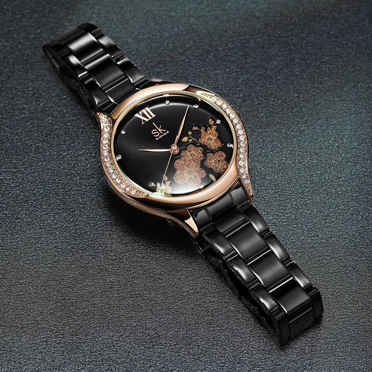 Elegant SK Lady Wristwatch - Black, Rose Gold, Silver Accents