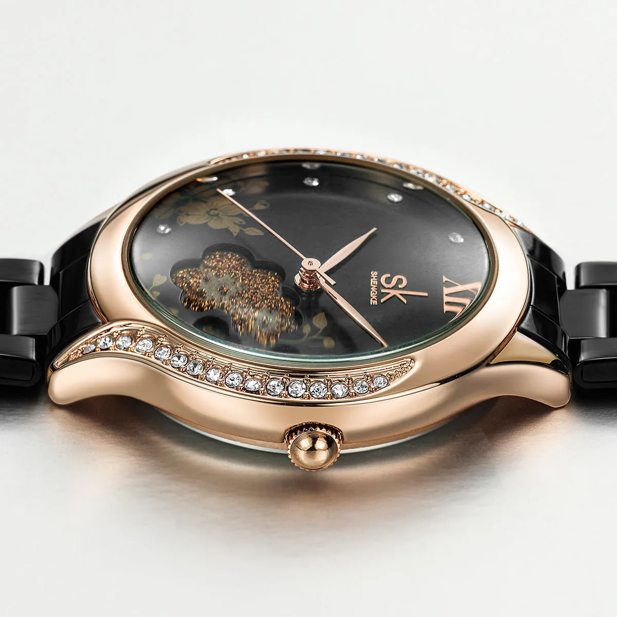 Elegant SK Lady Wristwatch - Black, Rose Gold, Silver Accents