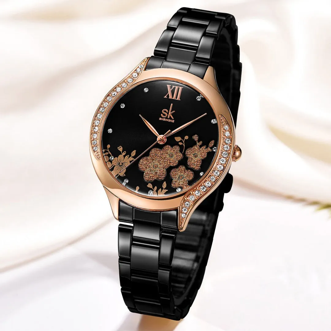Elegant SK Lady Wristwatch - Black, Rose Gold, Silver Accents