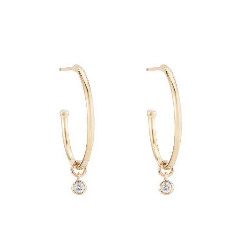 Solid Gold Dangling Diamond Hoop Earrings, 14ky