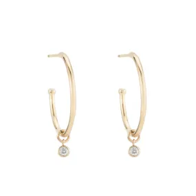 Solid Gold Dangling Diamond Hoop Earrings, 14ky