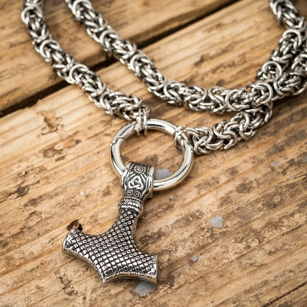 Stainless Steel Mjolnir Pendant on Woven Stainless Steel Chain