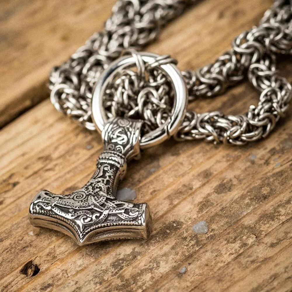 Stainless Steel Mjolnir Pendant on Woven Stainless Steel Chain
