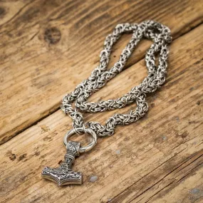 Stainless Steel Mjolnir Pendant on Woven Stainless Steel Chain