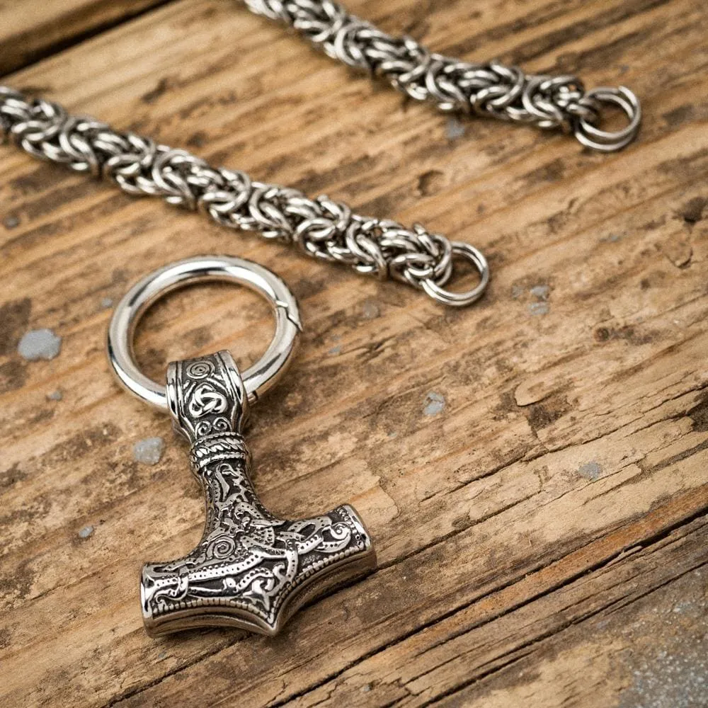 Stainless Steel Mjolnir Pendant on Woven Stainless Steel Chain