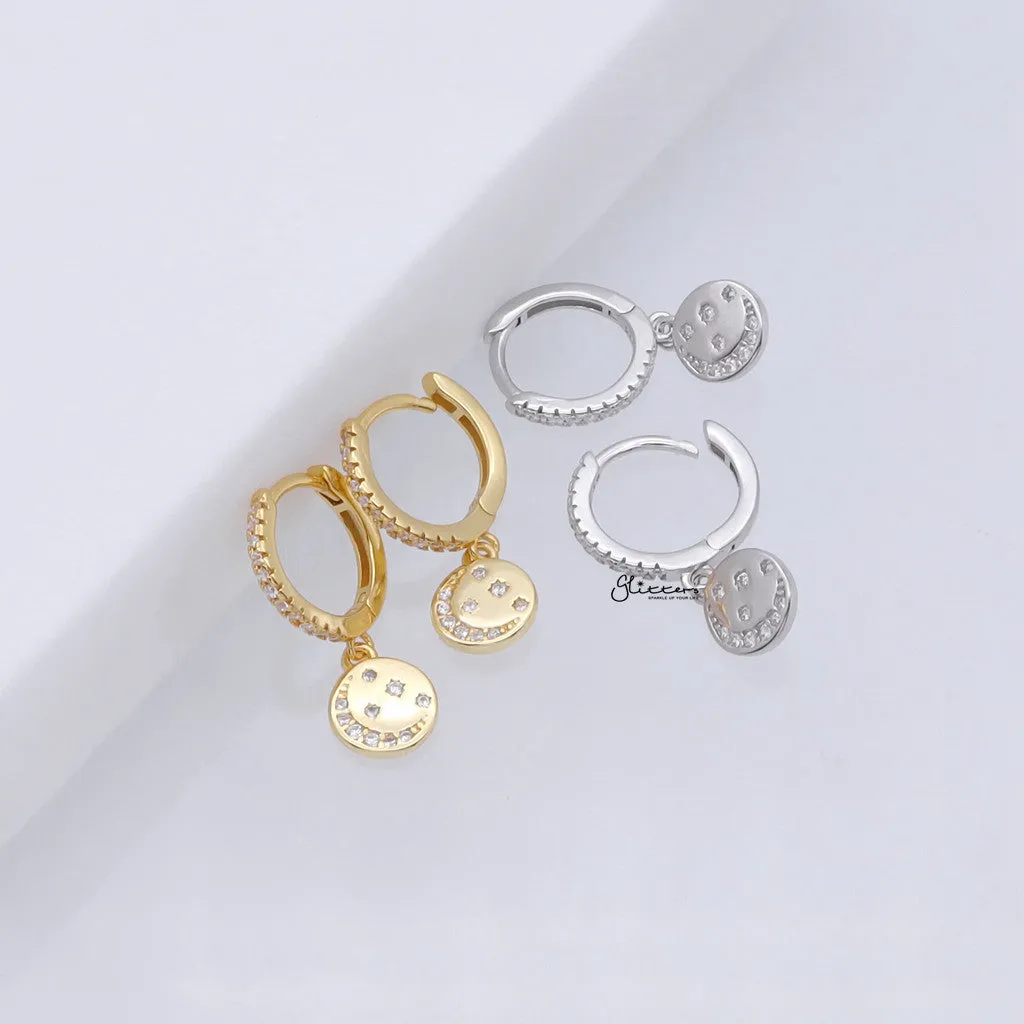 Sterling Silver Huggie Hoop Earrings with Circle Charm - Gold