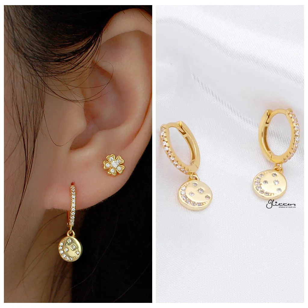 Sterling Silver Huggie Hoop Earrings with Circle Charm - Gold