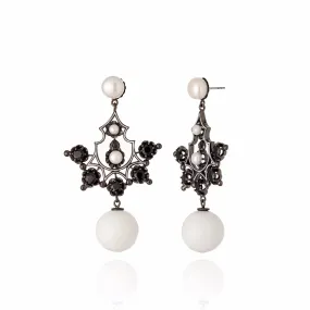 Sterling Silver Statement Earrings With White Enamel, Onyx, White Pearl & White Agate Drop