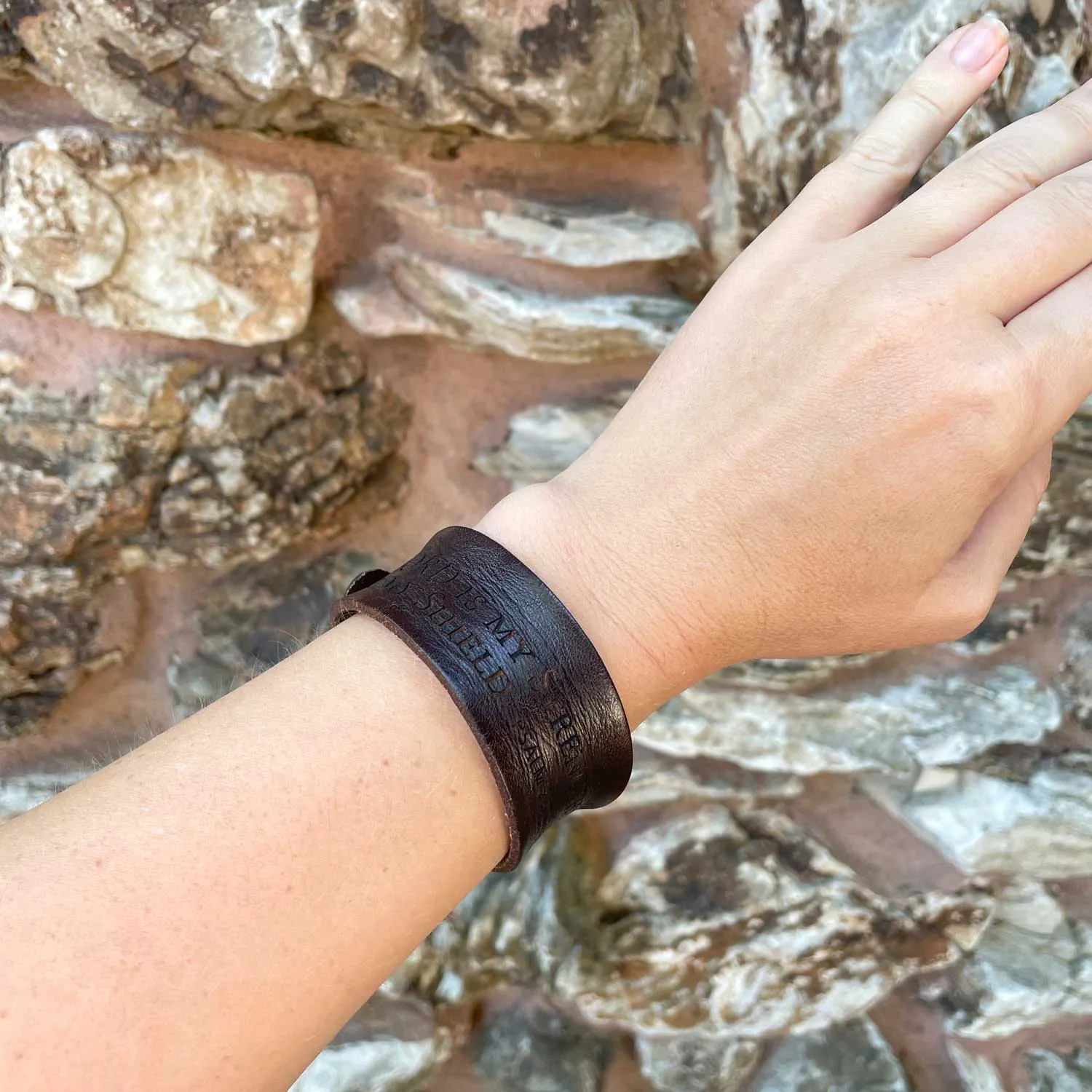 Strength and Dignity Proverbs 31 Laser-Engraved Brown Leather Scripture Bracelet with Watch Band Clasp