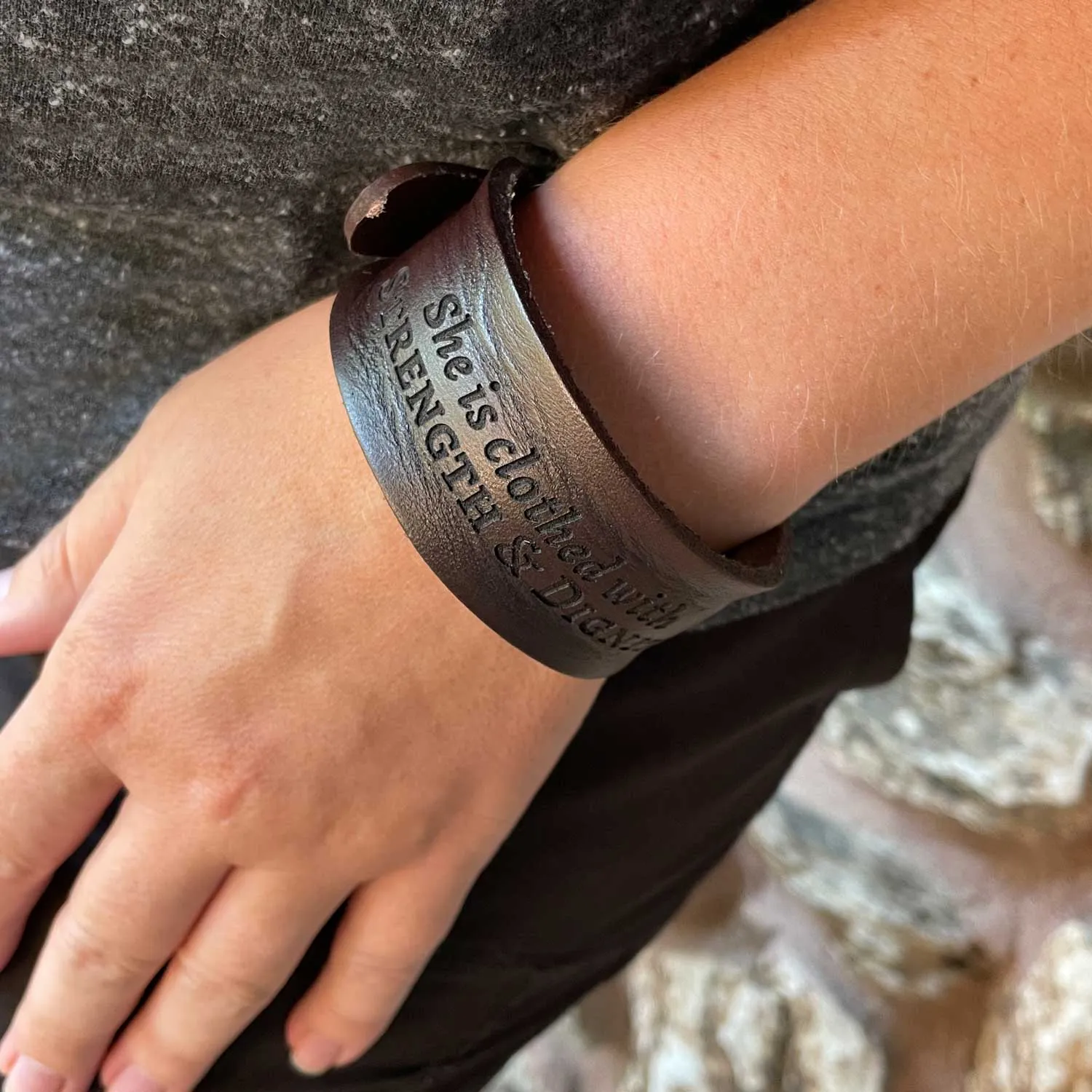 Strength and Dignity Proverbs 31 Laser-Engraved Brown Leather Scripture Bracelet with Watch Band Clasp