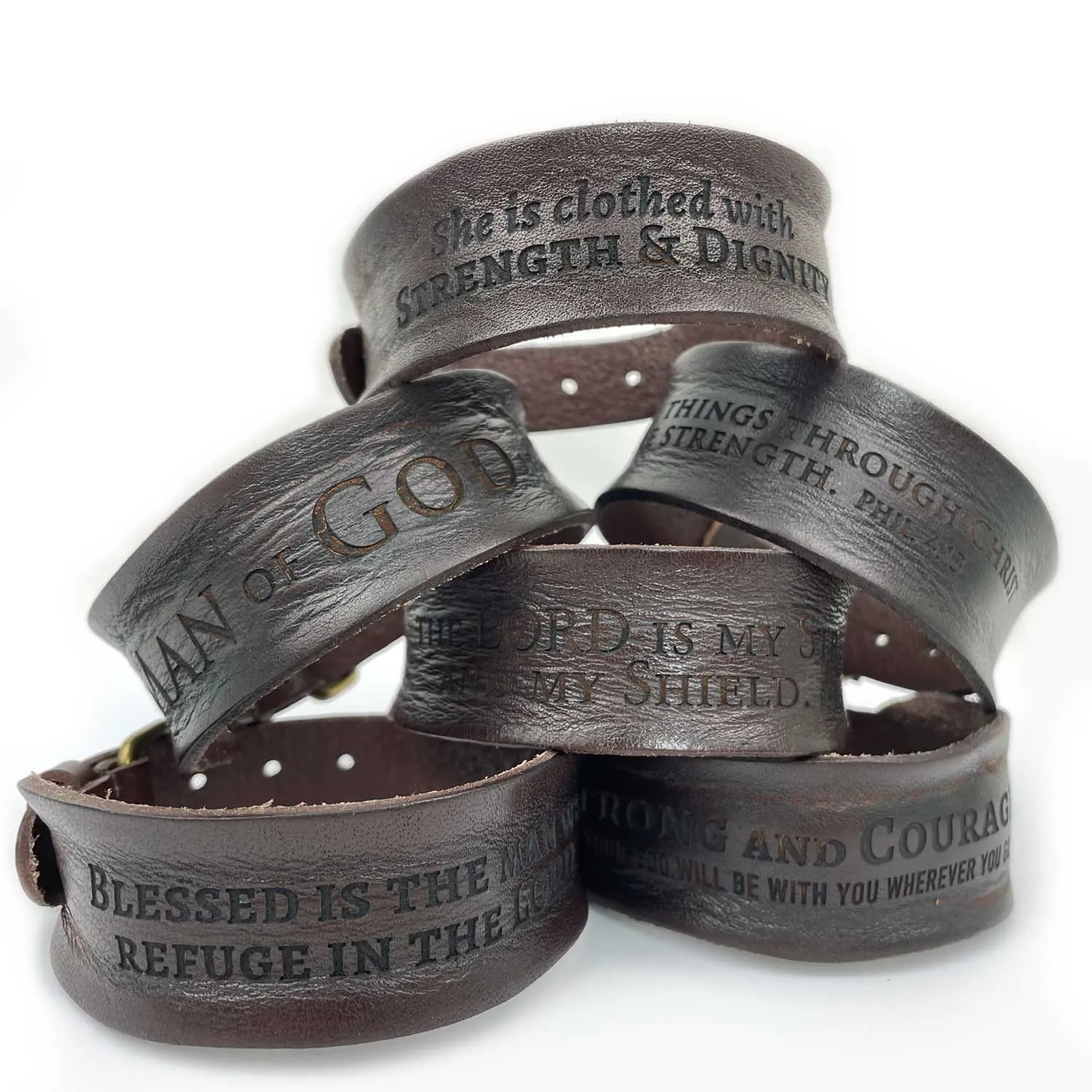 Strength and Dignity Proverbs 31 Laser-Engraved Brown Leather Scripture Bracelet with Watch Band Clasp