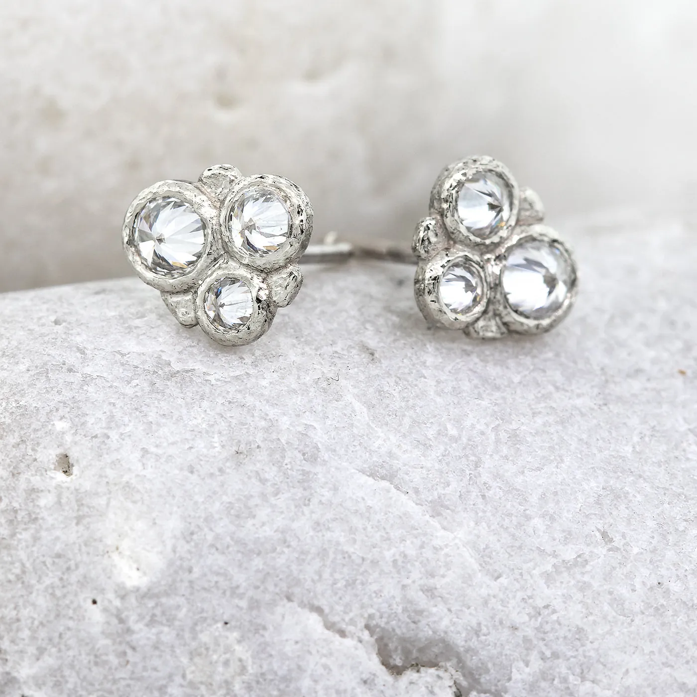 Three Stone Cluster Diamond Stud Earrings in white gold
