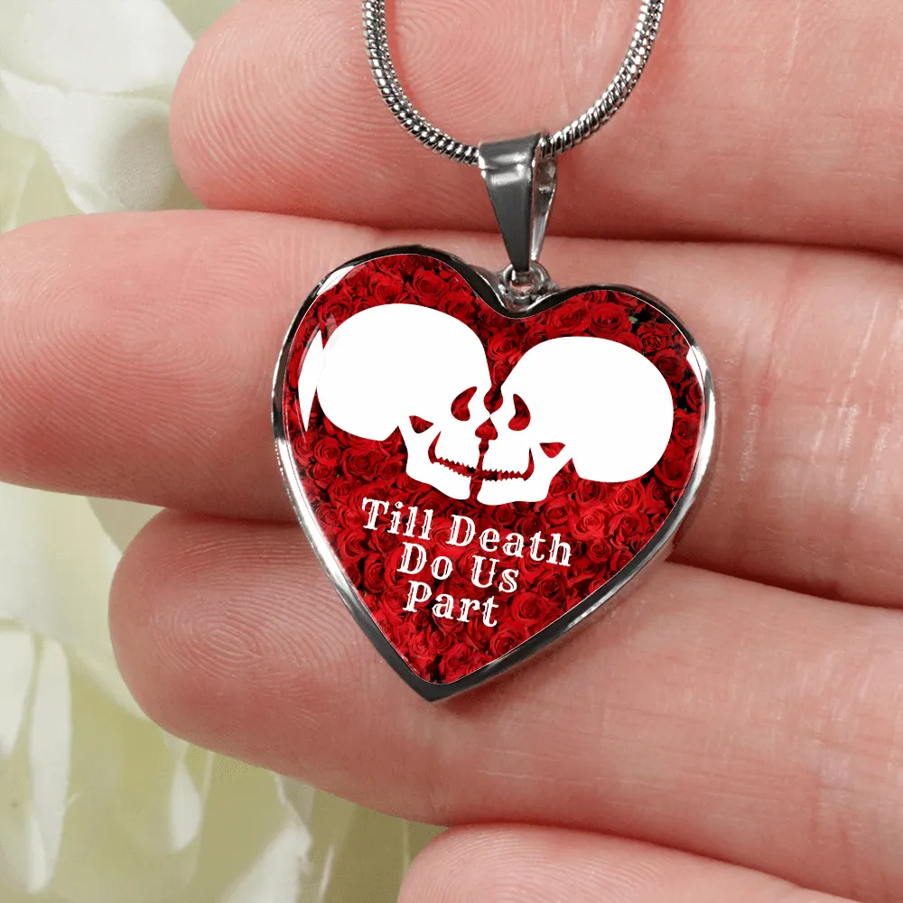 Till Death Do Us Part White Skulls Charm Eternal Love Halloween Heart Pendant Necklace