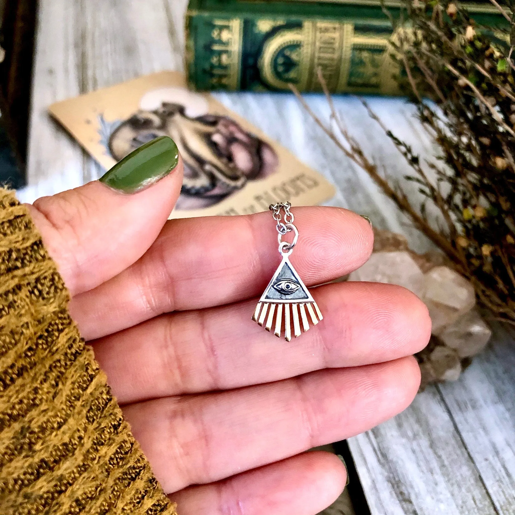 Tiny Talisman Collection - Sterling Silver All Seeing Eye Necklace Pendant with Bronze 18x14mm  /