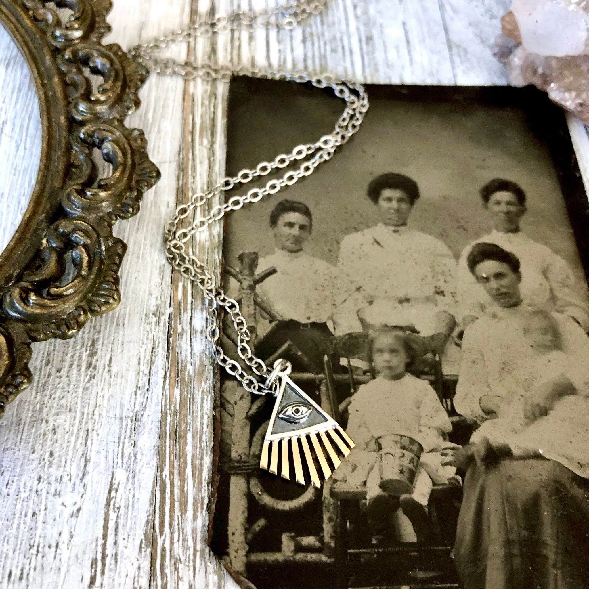 Tiny Talisman Collection - Sterling Silver All Seeing Eye Necklace Pendant with Bronze 18x14mm  /