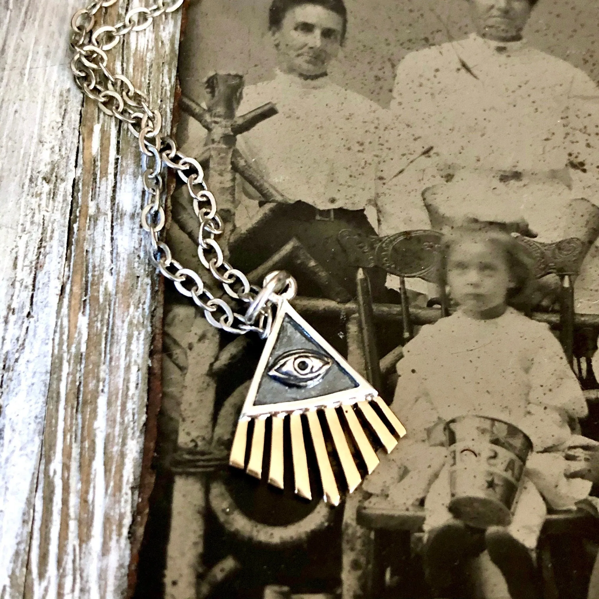 Tiny Talisman Collection - Sterling Silver All Seeing Eye Necklace Pendant with Bronze 18x14mm  /