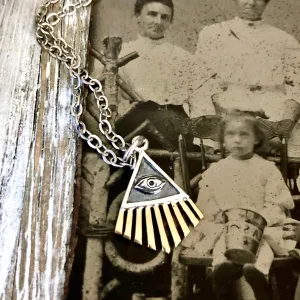 Tiny Talisman Collection - Sterling Silver All Seeing Eye Necklace Pendant with Bronze 18x14mm  /